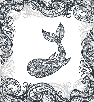 Decorative ornamental whale with frame in  Zen-tangle  style black on white