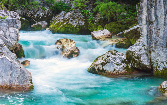 Beautiful turquoise  river in the Triglav National Park in Slovenia