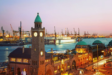 Hamburg harbour after sunset, Germany