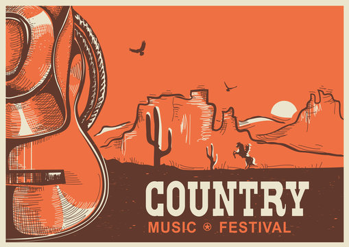 American country music poster with cowboy hat and guitar