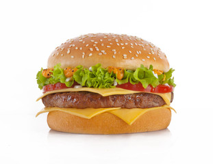 The perfect hamburger with cheese, tomato, onions and lettuce.