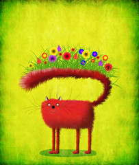 Red Cat With Flowers Growing On Tail