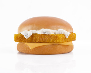 tasty burger with fish fillet on a white background