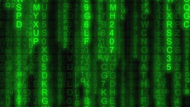 Code rain (random computer symbols falling down): a popular sci-fi movie effect; obscure technology; source code, hacking, AI takeover. Zoom in, 15 seconds version.
