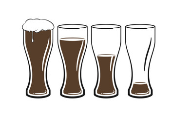 set of beer glasses with dark beer on white background