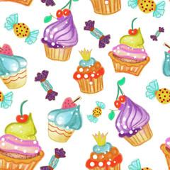 Drawn colorful cupcakes with candies on the white background
