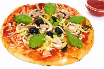 Pizza with Mushroom, Cheese, Mozzarella, Olives and Basil 