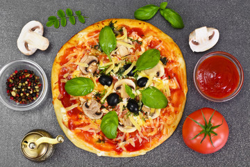 Pizza with Mushroom, Cheese, Mozzarella, Olives and Basil 