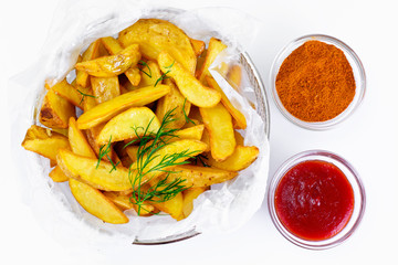 Potato Wedges, Potatoes in a Rural with Tomato Ketchup