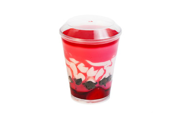 dessert in plastic cups cream with fruit and pastries and mousse