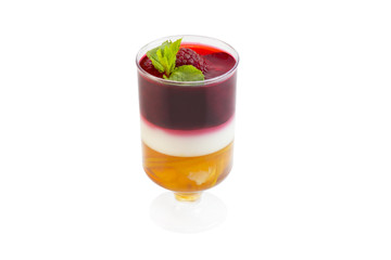 dessert in plastic cups cream with fruit and pastries and mousse