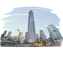 Hong Kong city unusual perspective hand drawn, vector illustration