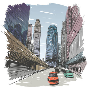 Hong Kong city unusual perspective hand drawn, vector illustration