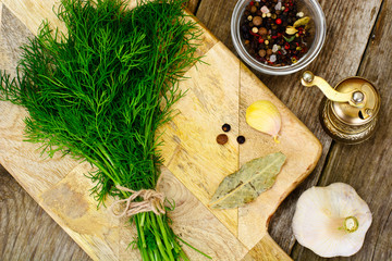 Fresh Juicy Dill on Wooden Background
