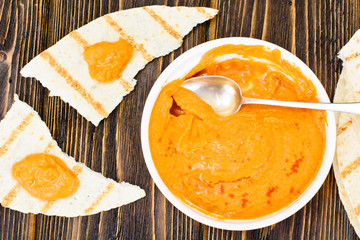 Hummus with Curry, Turmeric, Raw Chickpeas on the Boards