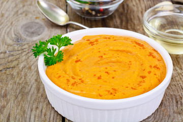 Hummus with Curry, Turmeric, Raw Chickpeas on the Boards