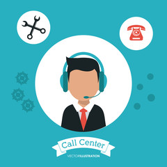 operator assistant man headphone wrench phone call center technical service icon, Vector illustration