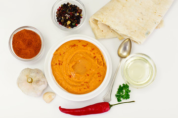 Hummus with Curry, Turmeric, Raw Chickpeas on the White Backgrou