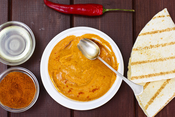 Hummus with Curry, Turmeric, Raw Chickpeas on the Boards