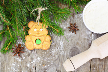 Christmas and New Year Background with Tree and Gingerbread