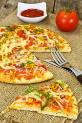 Pizza with Mushroom, Cheese, Mozzarella, Olives and Basil