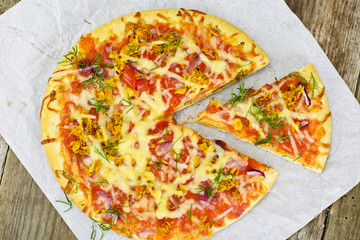 Pizza with Mushroom, Cheese, Mozzarella, Olives and Basil