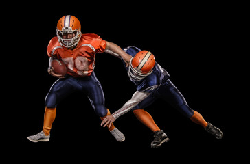 Two american football players passing play action on black background
