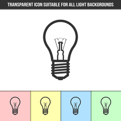 Simple outline transparent light bulb icon on different types of light backgrounds