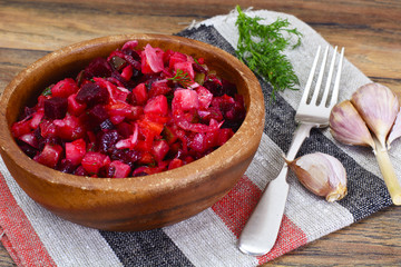 Healthy and Diet Food: Salad with Beets, Onions, Carrots  Vinaig