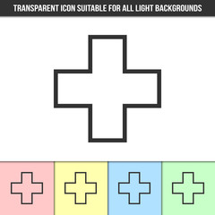 Simple outline transparent cross icon on different types of light backgrounds