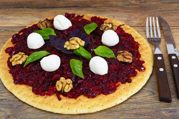 Pizza with Beet, Nut, Cheese, Mozzarella and Basil