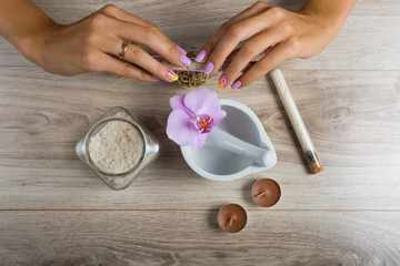 Spa beauty essential on wooden background