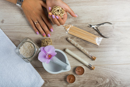 Spa beauty essential on wooden background