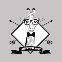 Naklejki  Żyrafa okulary ramki strzałka ikona stylu retro moda hipster zwierząt. Czarno-biała szara ilustracja