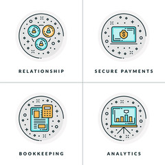 Business and Working. Set of four icons on relationship, secure payments,bookkeeping, analytics. Colored in gray, orange and blue flat vector illustrations.
