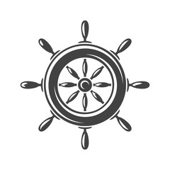 Ship steering wheel. Black icon, logo element, flat vector illustration isolated on white background.