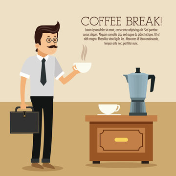 man male cartoon mug kettle coffee break shop store icon. Colorfull illustration. Vector graphic