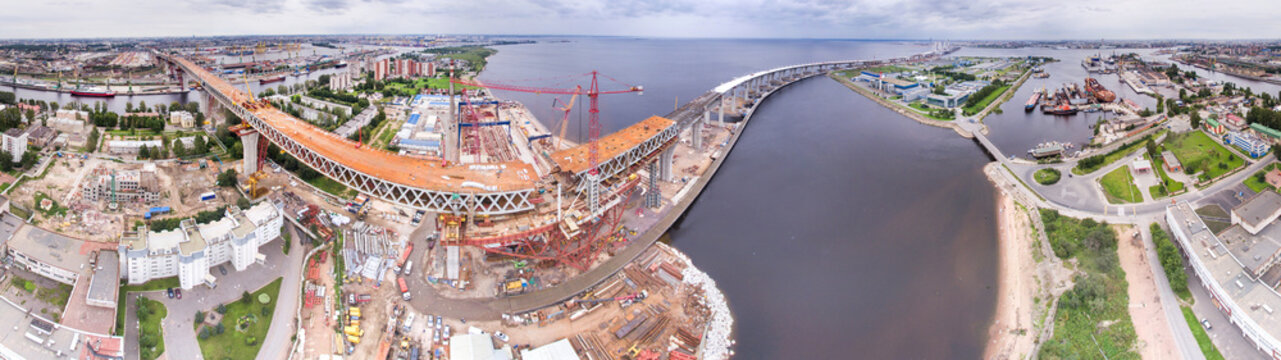 Aerial panoramic view of Kanonerskiy island in Saint-Petersburg, Russia with new high beltway 