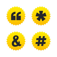 Quote, asterisk footnote icons. Hashtag symbol.