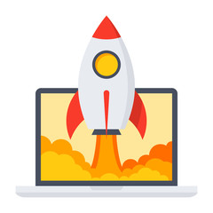 Startup business concept with rocket in flat style.