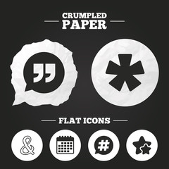 Quote, asterisk footnote icons. Hashtag symbol.