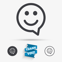 Happy face speech bubble symbol. Smile icon.