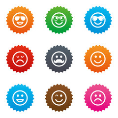 Smile icons. Sunglasses, mustache and laughing.