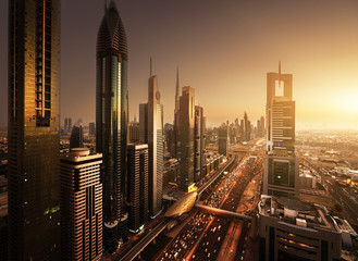 Naklejka premium Dubai skyline in sunset time, United Arab Emirates