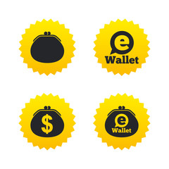 Electronic wallet icons. Dollar cash bag sign.