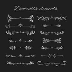 Silver text dividers set. Ornamental decorative elements. Vector ornate elements design. Silvery flourishes. Shiny decorative hand drawn borders with glitter effect.