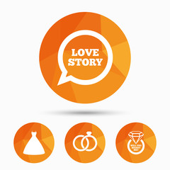 Wedding dress icon. Bride and groom rings symbol