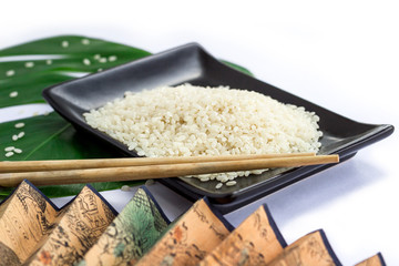 Oriental set of rice, chopsticks, green leaf and transp