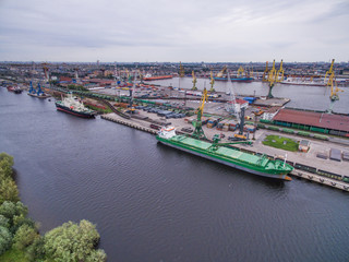 Aerial view of Kanonerkiy island shipping port in Saint-Petersburg, Russia