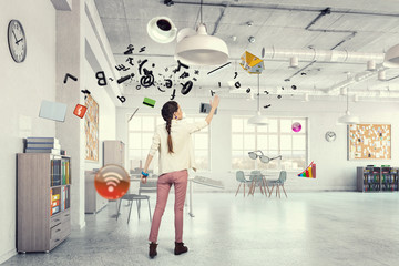 Girl in office interior  . Mixed media